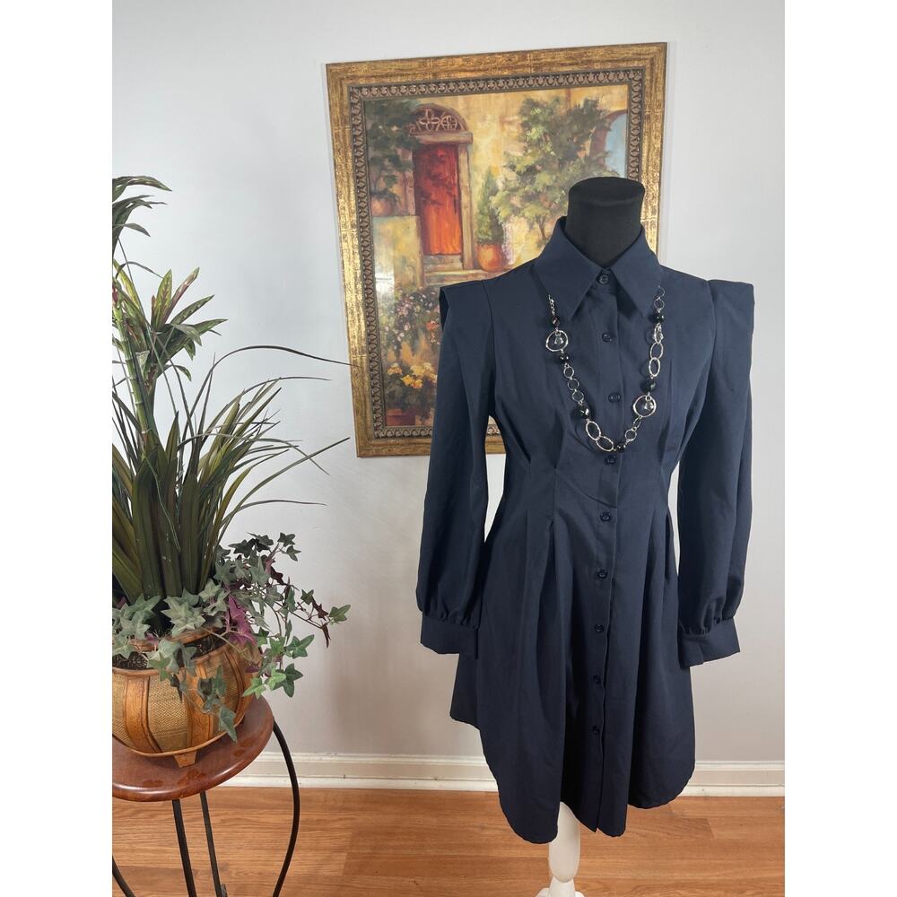 Shein Shirt Dress Womens S Navy Long Sleeve Button Up Minimalist Dark Academia